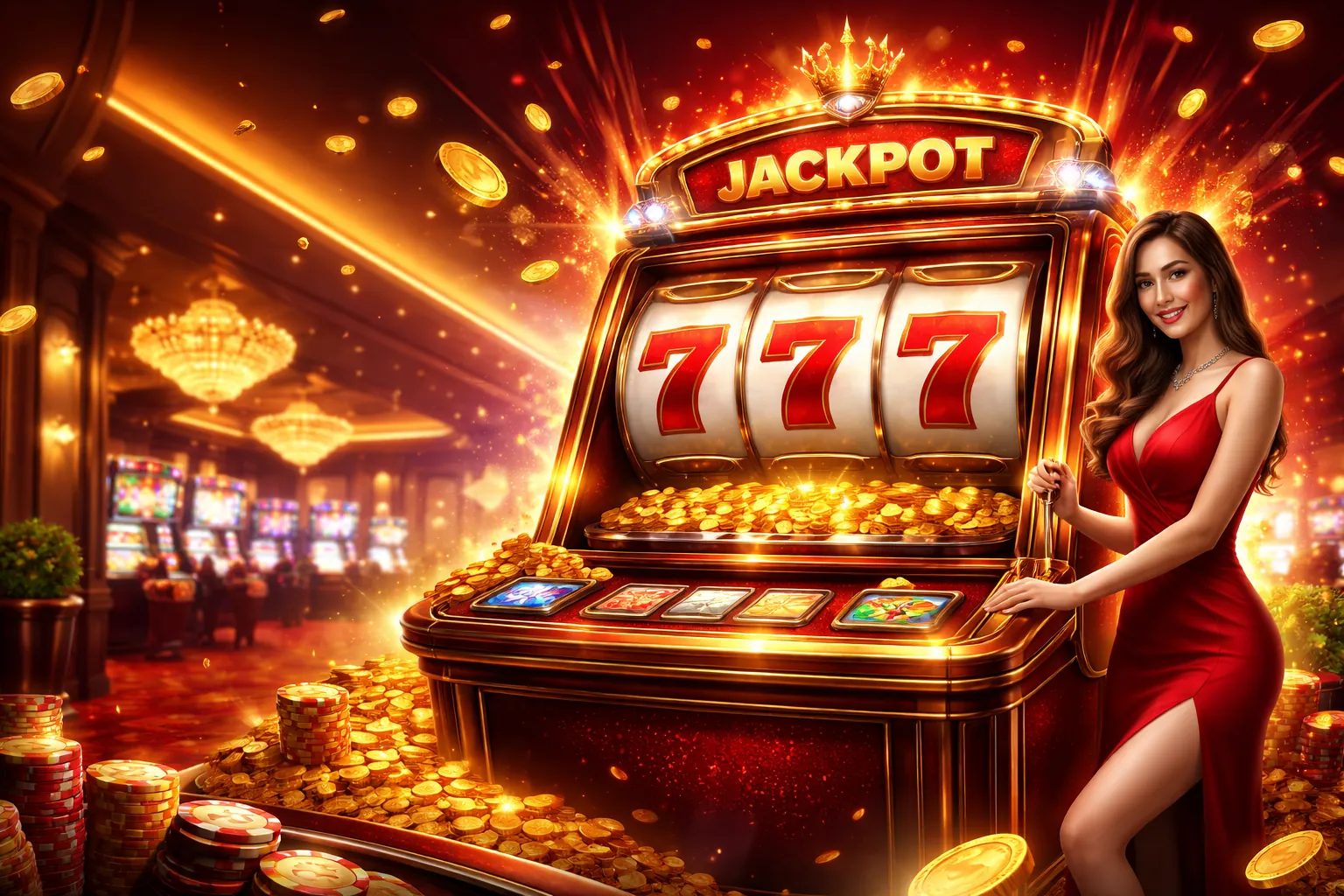 Hình ảnh banner chính cho trang trò chơi Slot của 88xx trang chủ, hiển thị một người chơi đang tận hưởng trò chơi slot với các biểu tượng máy slot rực rỡ và tiền vàng.